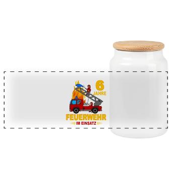 Fire brigade 6 years in action - Panoramic Cookie Jar with Wooden Lid - white - Front