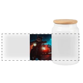 Night Cat on Motorcycle Noir - Panoramic Cookie Jar with Wooden Lid - white - Front