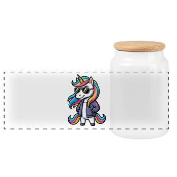 Cool Unicorn with Sunglasses Cartoon Motif - Panoramic Cookie Jar with Wooden Lid - white - Front
