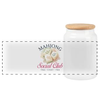 Mahjong Social Club Tile Chat Tea - Panoramic Cookie Jar with Wooden Lid - white - Front