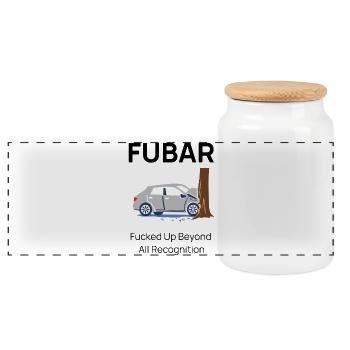 FUBAR: Car Collision with Tree Cartoon - Panoramic Cookie Jar with Wooden Lid - white - Front