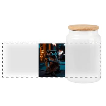 Coffee Meerkat in Neon Night Style - Panoramic Cookie Jar with Wooden Lid - white - Front