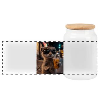 Meerkat mit Nachtkaffee und Sonnenbrille - Panorama Keksdose mit Holzdeckel - Weiß - Vorne