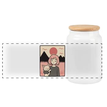 Fille avec un chat devant les montagnes - Boîte à biscuits avec couvercle en bois - blanc - Devant