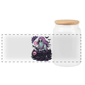 Ghost in the boat with moon and bat - Panoramic Cookie Jar with Wooden Lid - white - Front