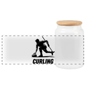 Curling Man Athlete Action Silhouette - Panoramic Cookie Jar with Wooden Lid - white - Front