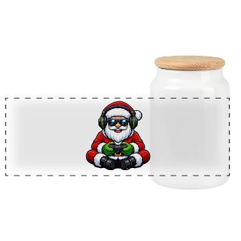 Gamer Santa Claus Playing Video Game Controller - Panoramic Cookie Jar with Wooden Lid - white - Front