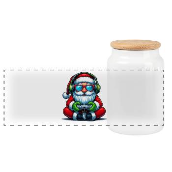 Gamer Santa Claus Playing Video Game Controller - Panoramic Cookie Jar with Wooden Lid - white - Front