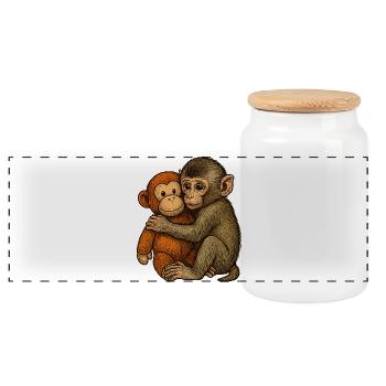 Monkey Hug Friendship - Panoramic Cookie Jar with Wooden Lid - white - Front