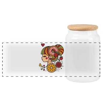 Colorful Woman Profile with Donut and Fruits - Panoramic Cookie Jar with Wooden Lid - white - Front