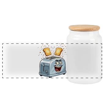 Fröhlicher Toaster mit springendem Toast - Panorama Keksdose mit Holzdeckel - Weiß - Vorne