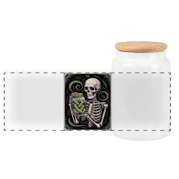 Tarot Card XX Skeleton with Pickles Jar - Panoramic Cookie Jar with Wooden Lid - white - Front