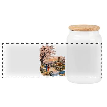 Traditional Japanese cherry blossoms - Panoramic Cookie Jar with Wooden Lid - white - Front