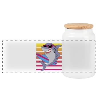 Retro Surfing Shark With Sunglasses Graphic - Panoramic Cookie Jar with Wooden Lid - white - Front