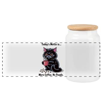 More Coffee No People Shirt with Black Cat - Panoramic Cookie Jar with Wooden Lid - white - Front