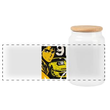 Anime Car Portrait in Yellow - Panoramic Cookie Jar with Wooden Lid - white - Front