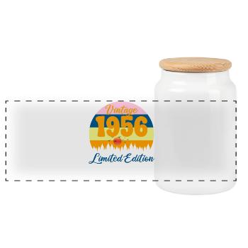 70 Jahre altes Jubiläumsgeschenk 1956 - Panorama Keksdose mit Holzdeckel - Weiß - Vorne
