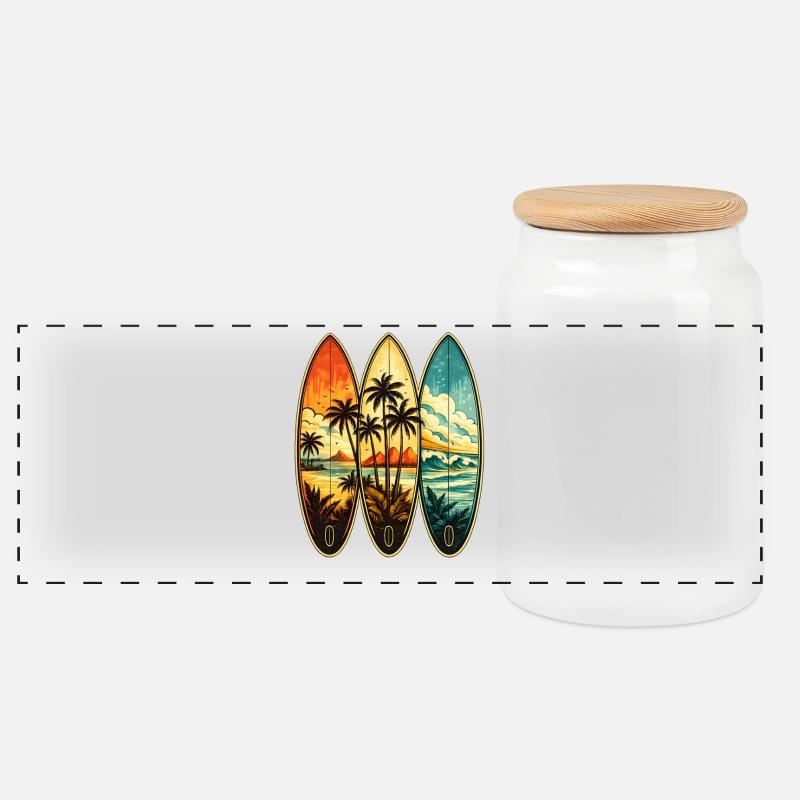 Triptyque Surf Tropique - Boîte à biscuits avec couvercle en bois - blanc