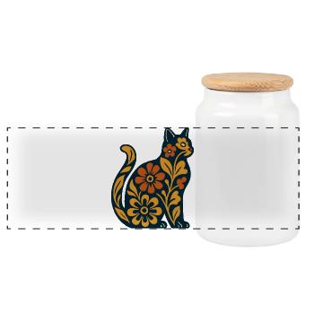 Blossom cat on midnight blue - Panoramic Cookie Jar with Wooden Lid - white - Front