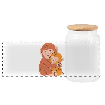 Monkey Mother and Baby Embrace - Panoramic Cookie Jar with Wooden Lid - white - Front