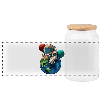 Astronaut hugging Earth - Panoramic Cookie Jar with Wooden Lid - white - Front
