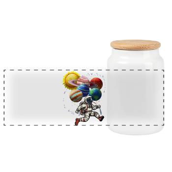 Astronaut with planetary balloons - Panoramic Cookie Jar with Wooden Lid - white - Front
