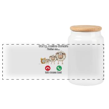 Sorry, my sheep are calling - Panoramic Cookie Jar with Wooden Lid - white - Front