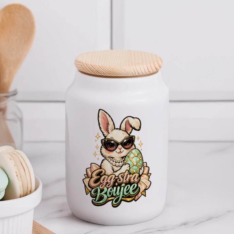 Egg-stra Boujee Easter Bunny Easter Panoramic Cookie Jar with Wooden Lid