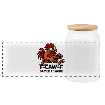 F-Caw-F Gamer At Work Gaming Rooster Humor Funny - Panoramic Cookie Jar with Wooden Lid - white - Front