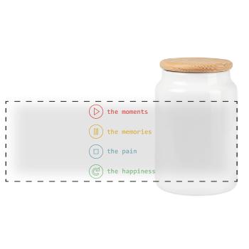 Mindfulness, Moments, Memories, Happiness - Panoramic Cookie Jar with Wooden Lid - white - Front