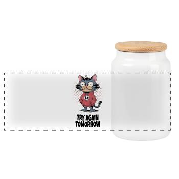 Try Again Tomorrow Cat – Funny Cat Saying - Panoramic Cookie Jar with Wooden Lid - white - Front