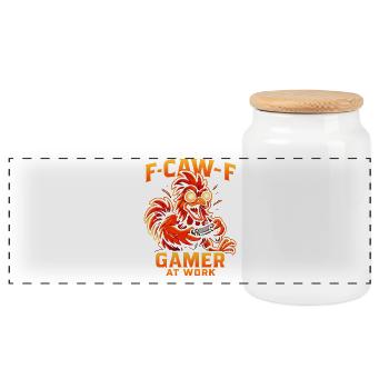 F-Caw-F Gamer At Work Gaming Rooster Humor Funny - Panoramic Cookie Jar with Wooden Lid - white - Front