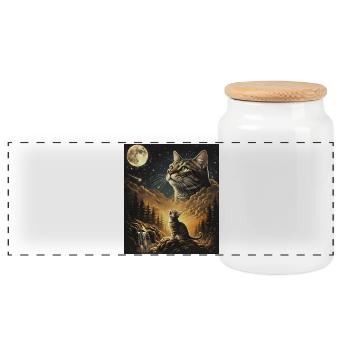 Moon Cat Over Cloud Forest Cat Howls At Moon - Panoramic Cookie Jar with Wooden Lid - white - Front