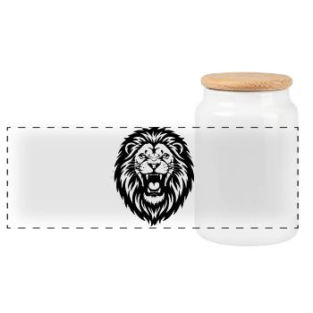 Lion Head Roaring Silhouette - Panoramic Cookie Jar with Wooden Lid - white - Front