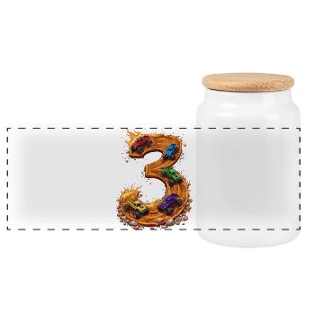 3rd Birthday, 3 Year Old Boy, Monster Truck - Panoramic Cookie Jar with Wooden Lid - white - Front