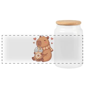Cozy Kawaii Capybara Sips Boba Tea - Panoramic Cookie Jar with Wooden Lid - white - Front