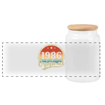 Original 1986 Vintage Vintage Birthday Retro - Panoramic Cookie Jar with Wooden Lid - white - Front