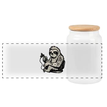 Tattooed Sloth with Skull Rose - Panoramic Cookie Jar with Wooden Lid - white - Front