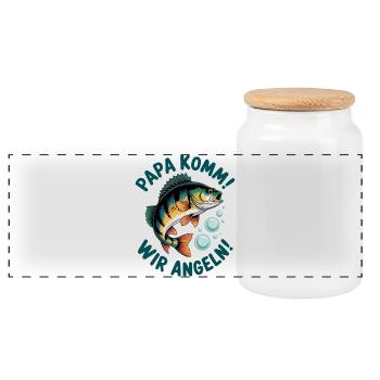 Papa komm! Wir Angeln - Panorama Keksdose mit Holzdeckel - Weiß - Vorne