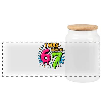 7th Birthday Kids 67 Meme Humor Gift Idea - Panoramic Cookie Jar with Wooden Lid - white - Front