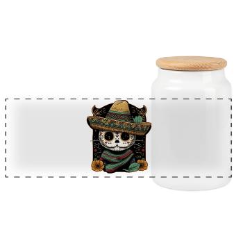 Mexican Cat Cinco De Mayo Sugar Skull Sombrero - Panoramic Cookie Jar with Wooden Lid - white - Front