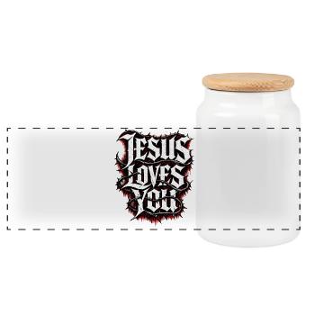 Jesus Loves You Streetwear - Panoramic Cookie Jar with Wooden Lid - white - Front