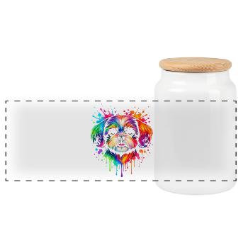 Shih Tzu | Kleinhund Pop Art - Panorama Keksdose mit Holzdeckel - Weiß - Vorne
