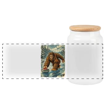 Curling Bigfoot Curler Winter Sport Sweeping - Panoramic Cookie Jar with Wooden Lid - white - Front