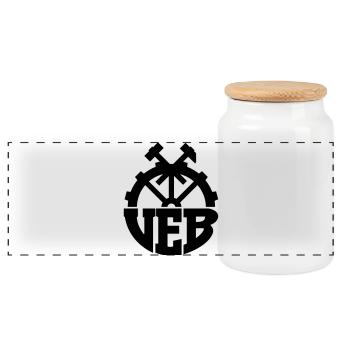 VEB Logo - Abzeichen der DDR (Farbe änderbar) - Panorama Keksdose mit Holzdeckel - Weiß - Vorne
