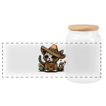 Mexican Cinco De Mayo Sugar Skull Sombrero Cat - Panoramic Cookie Jar with Wooden Lid - white - Front