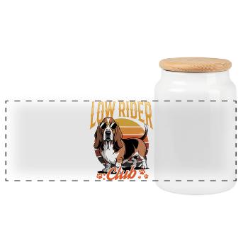 Funny Dog Breed Basset Hound - Panoramic Cookie Jar with Wooden Lid - white - Front