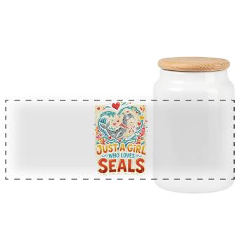 Girl Loves Seals – Vintage Cartoon - Panoramic Cookie Jar with Wooden Lid - white - Front