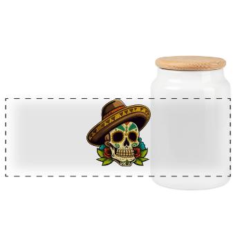 Sugar Skull Sombrero Floral Art - Panoramic Cookie Jar with Wooden Lid - white - Front