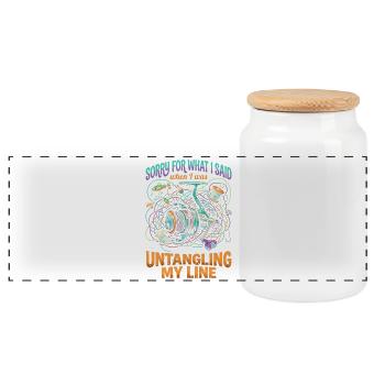 Untangled String Fishing Humor - Panoramic Cookie Jar with Wooden Lid - white - Front